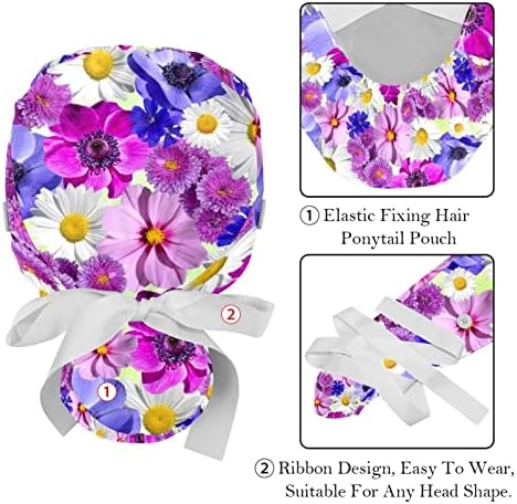 פרחי פרחי כובע בופנט עם קשרי סרט וכפתורים 2 חבילות קרצוף מכסים נשים שיער ארוך גודל אחד כיסוי ראש עבודה