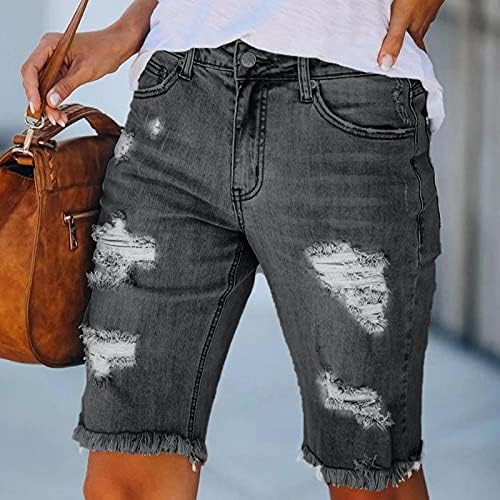 HDZWW מכנסיים קצרים מותניים גבוהים גברת ישר עבודות רגליים קרועות ג'ינס טרקליני התאמה רגילים ג'ינס קצרים מוצקים קיץ אלסטיזציה