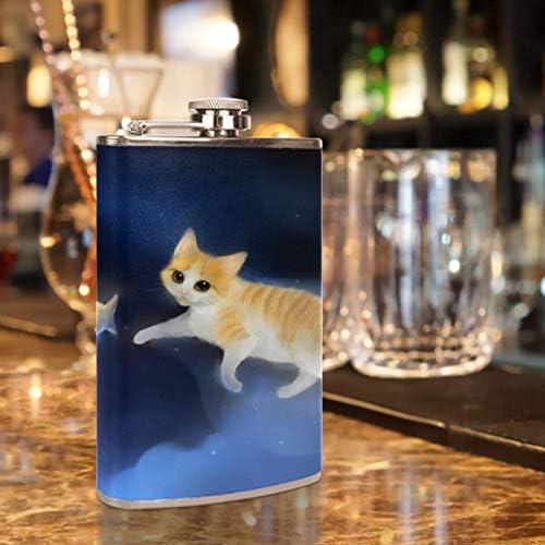 בקבוקון ליקר נירוסטה חסין דליפות עם משפך כיסוי עור 7.7 עוז בקבוק רעיון מתנה נהדר-חתול ודגים