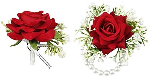 Mafeloe 2 PCS פרחים מלאכותיים פרחי שורש כף יד ומערכת Boutonniere עבור חתן לחתן שושבינה, אביזרי פרחים לחתונה קישוטי