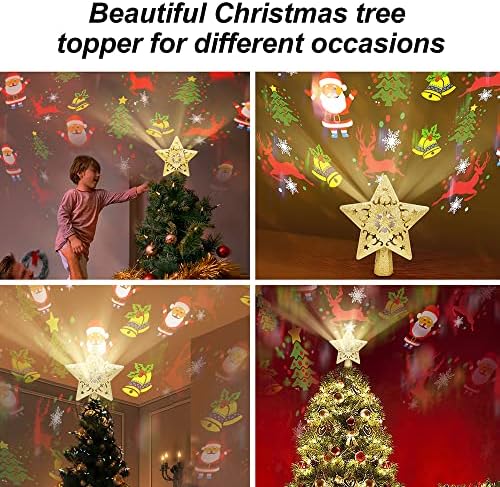 טופר עץ חג המולד של SWR מואר במקרן צבעוני מסתובב LED, טופר עץ כוכב זהב נצנץ חלול תלת מימד לקישוטי עץ חג המולד