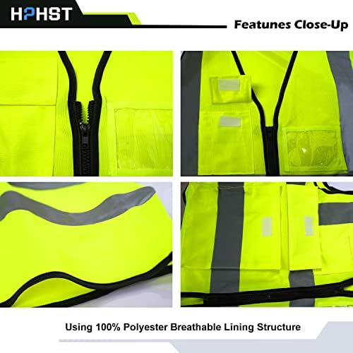 Hphst 5 כיסים נראות גבוהה אפוד בטיחות רפלקטיבי, חזית רוכסן, עונה על תקני ANSI/ISEA צהוב